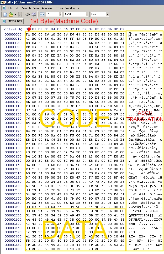HxD Text Editor view of compiled MIOS binary file